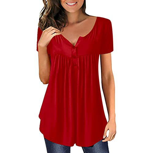Lingbing Summer Tops for Women,Women Short Sleeve T-Shirts V Neck Button Pleated Tunics Loose Casual T-Shirt Blouse Tops Red