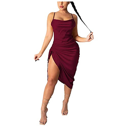 CapsA Women's Sleeveless Spaghetti Strap Cowl Neck Satin Wrinkle Dress Cocktail Beach Evening Party Club Dresses Bodycon