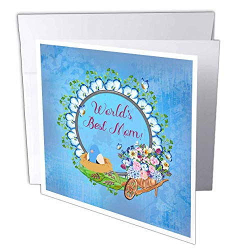 3dRose Beverly Turner Mothers Day Design - Worlds Best Mom, Red, Frame, Bird in Nest, Wheel Barrow, Flowers, Blue - 12 Greeting Cards with envelopes -gc-304895-2-