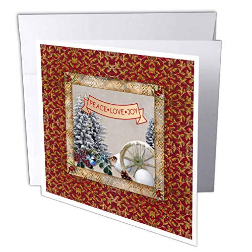 3dRose Beverly Turner Christmas Design - Peace, Joy, Love, Winter Trees, Little Bird, Wagon Wheel, Snowballs, 12 Greeting Cards with envelopes -gc-302886-2-