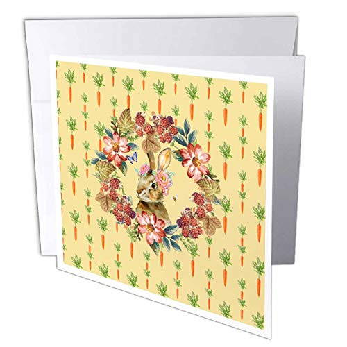 3dRose Beverly Turner Easter Design and Photography - Rabbit, Flowered Wreath, Carrot Design, Orange, Yellow, Pink and Green - 12 Greeting Cards with envelopes -gc-313364-2-