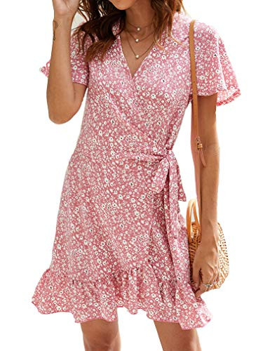 Naggoo Women's Summer Wrap V Neck Polka Dot Print Ruffle Short Sleeve Mini Floral Dress with Belt -L, Pink-