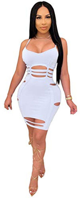 Womens Sexy Sleeveless Solid Color Ribbon Hollow Out Dress Nightclub Clubwear Dress White Womens Sexy Sleeveless Solid Color Ribbon Hollow Out Dress Nightclub Clubwear Dress White