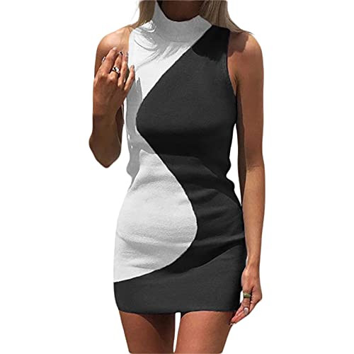 Women Sexy Bodycon Dress Y2K Knitted Mini Dress Halter Sleeveless Ribbed Tank Dresses Streetwear -A-White and Black,Small,US,Alpha,Adult,Female,Small,Regular,Regular-