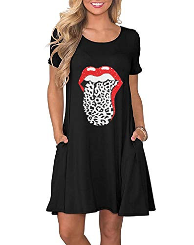 WNEEDU Women's Summer Casual T Shirt Dresses Short Sleeve Swing Dress with Pockets -XL, Black Lip Print-