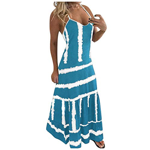 Aniywn Summer Straps Dress, Womens Sleeveless Backless Halter Neck Printing Maxi Sundress Sexy Beach Dress Sky Blue