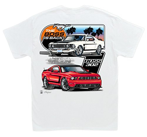 Hot Shirts Ford Mustang - The Boss is Back White T-Shirt- Large - Boss 302 Mustang 1969 1970 2012 2013 2014