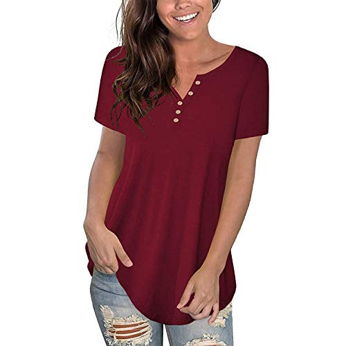 Lingbing Plus Size Tunic Tops Women's Short Sleeve Tops Buttons Solid Loose Summer Tee Shirts Casual T-Shirt Blouse Tops Red