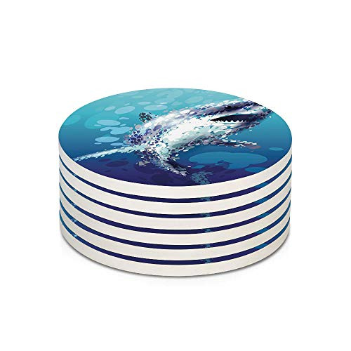 Sea Animal Decor 6 Pieces Ceramic Drink Coasters,Digital Made Psychedelic Shark Figure with Droplets Scary Atlantic Beast Absorbent Stone Coaster Set,Housewarming Gift for Home Decor,Blue Grey