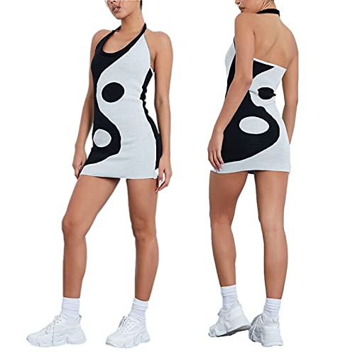 Women Sexy Y2K Bodycon Halter Sleeveless Backless Knitted Ribbed Mini Dress Summer Fashin Party Beach Tank Dress -Black and White, Large- Women Sexy Y2K Bodycon Halter Sleeveless Backless Knitted Ribbed Mini Dress Summer Fashin Party Beach Tank Dress -Black and White, Large-
