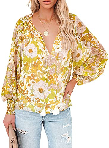 AlvaQ Women Chiffon Blouses Fall Autumn Casual Loose Shirt Balloon Long Sleeve V Neck Floral Print Tops Plus Size Yellow 1X