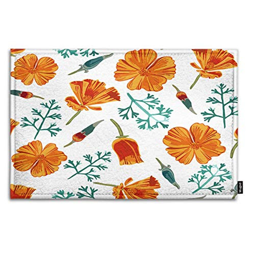 Mugod Floral Indoor/Outdoor Doormat Orange Poppy Flowers Buds Leaves Seamless Pattern Funny Doormats Bathroom Kitchen Decor Area Rug Non Slip Entrance Door Floor Mats, 18" X 30"