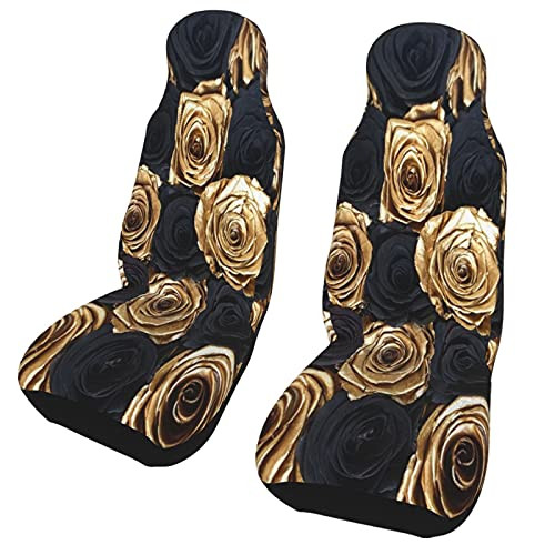 Hpoplace 2 Pcs Car Seat Covers Front Seats,Black and Gold Roses Front Seat Protector Car Mat,Universal Fit for Car Truck Van and SUV Interior Car Seat Covers Set
