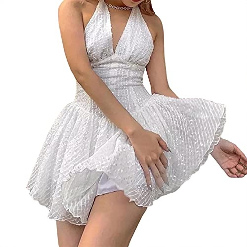 Womens Sexy Lace Dress Summer Backless Off Shoulder Halter V Neck Elegant Party Mini Dresses -White,Medium- Womens Sexy Lace Dress Summer Backless Off Shoulder Halter V Neck Elegant Party Mini Dresses -White,Medium-