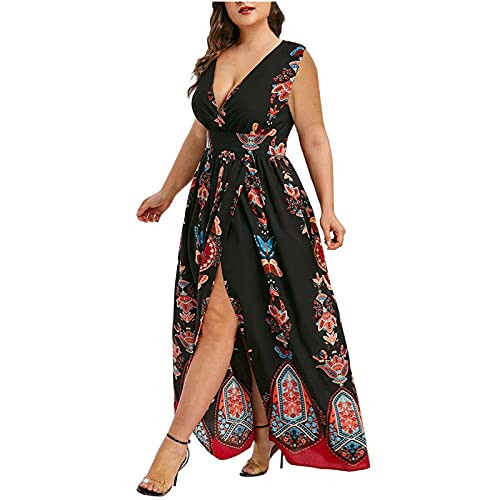 Plus Size Dress for Women, Summer Deep V Sleeveless Print Front Split Casual Long Dress Maxi Dress Black