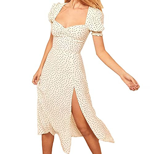 Women's Floral Print Split Side Midi Dress Short Puff Sleeve Sexy Square Collar Summer Beach Flowy Swing Dresses -White Polka Dots Print Midi Dress, L- Women's Floral Print Split Side Midi Dress Short Puff Sleeve Sexy Square Collar Summer Beach Flowy Swing Dresses -White Polka Dots Print Midi Dress, L-