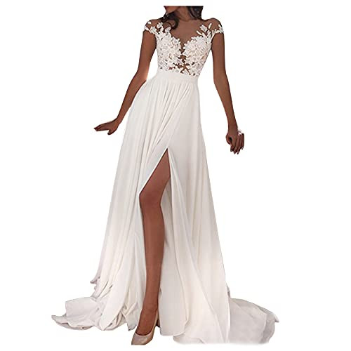 Sexy Wedding Dress for Women Lace Stitching V-Neck Evening Dress Bridal Gown Beach Wedding Elegant Slit Long Skirt White