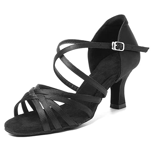 HIPPOSEUS Women Latin Dance Shoes Black Open Toe Ballroom Salsa Dance Shoes, 6 B-M- US