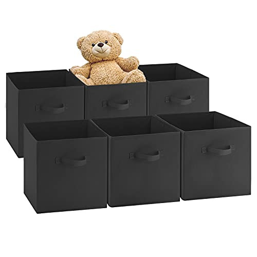 NesTidy 13x13x13 Fabric Storage Cubes, Foldable Storage Cubes Organizer with Handle, Cubes Storage Bins for Closet and Shelf, Black-Pack of 6