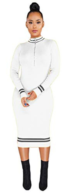 Hotheart Women's Long Sleeve Zipper Turtleneck Paneled Bodycon Sexy Nightclub Party Dress White Hotheart Women's Long Sleeve Zipper Turtleneck Paneled Bodycon Sexy Nightclub Party Dress White