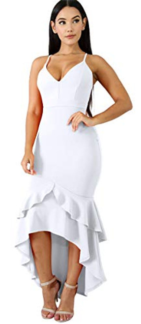 Hotheart Women's Sleeveless Deep V Neck Bodycon Ruffles High Low Hem Sexy Nightclub Party Maxi Dress White Hotheart Women's Sleeveless Deep V Neck Bodycon Ruffles High Low Hem Sexy Nightclub Party Maxi Dress White