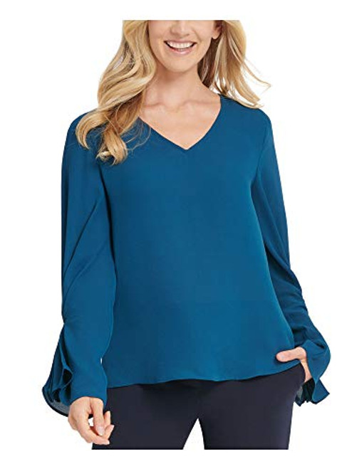 DKNY Womens Gathered V Neck Blouse Blue XS