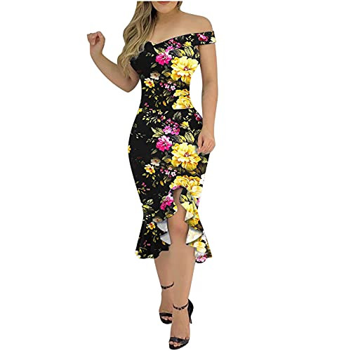 Party Dress for Women Floral Print Ruffle Off Shoulder Bodycon Club Party Midi Dress Formal Cocktail Dress Yellow Party Dress for Women Floral Print Ruffle Off Shoulder Bodycon Club Party Midi Dress Formal Cocktail Dress Yellow
