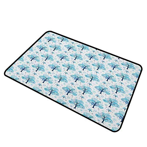 shirlyhome Door Mats Outside Winter for Entrance Way Indoor Washable Tree Silhouettes with Various Snowflake Figures Gentle Seasonal Mix Christmas Theme 20"x31" Blue White