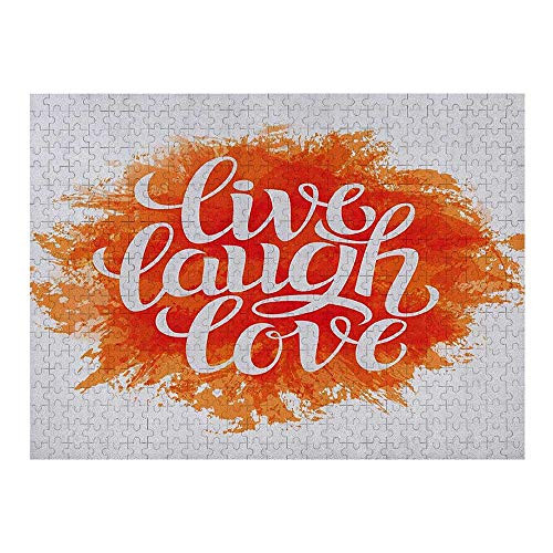 GugeABC Live Laugh Love Puzzles for Kids Ages 8-10 500 Piece, Hand Drawn Style Cheerful Brushstroke Background Motivation Phrase Print, Orange White