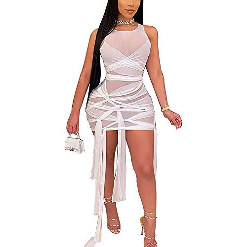 Dongjian Women's Sexy See Through Dress Plus Size Sheer Mesh Bandage Bodycon Mini Dress Hollow Out Sleeveless Clubwear Party Dresses White