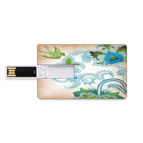 8GB USB Flash Thumb Drives Ethnic Bank Credit Card Shape Business Key U Disk Memory Stick Storage Floral Eastern Nature with Bird Leaf Paisley Arabesque Inspired Pattern Decorative,Blue Olive Green P