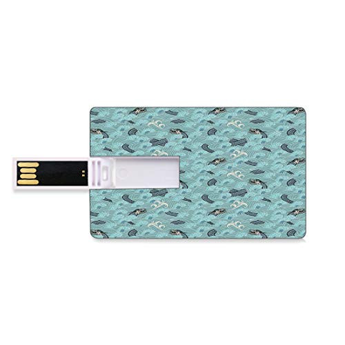 8GB USB Flash Thumb Drives Japanese Wave Bank Credit Card Shape Business Key U Disk Memory Stick Storage Asian Style Pattern with Dragon Figures and Sea Waves Mythology Monster,Teal Grey White Person