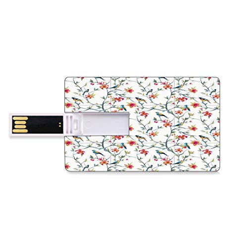8GB USB Flash Thumb Drives Watercolor Bank Credit Card Shape Business Key U Disk Memory Stick Storage Birds on Branches with Flowers and Leaves Scenes from Nature Cherry Tree Image Decorative,Multico