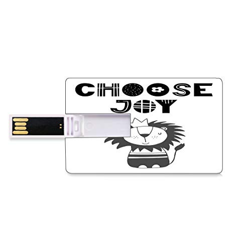 8GB USB Flash Thumb Drives Lion Bank Credit Card Shape Business Key U Disk Memory Stick Storage Hand Drawn King of Jungle with an Uplifting Quote Monochrome Illustration,Black Grey and White Personal