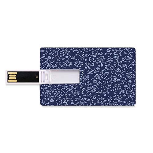 8GB USB Flash Thumb Drives Floral Stall Bank Credit Card Shape Business Key U Disk Memory Stick Storage Victorian Baroque Style Classic Swirled Flowers with Damask Effects Pattern,Navy Blue Color Per