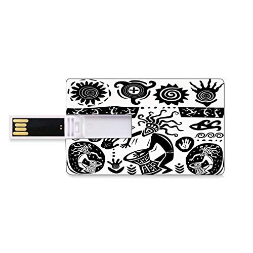 8GB USB Flash Thumb Drives Primitive Bank Credit Card Shape Business Key U Disk Memory Stick Storage Prehistoric Cave Drawing Figures with Symbolic Tribal Objects Shaman Totem Theme,Black White Perso