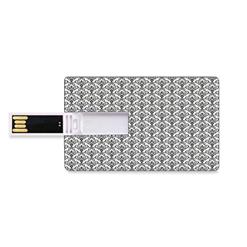 8GB USB Flash Thumb Drives Damask Bank Credit Card Shape Business Key U Disk Memory Stick Storage Monochrome Surreal Foliage Pattern with Cool Ornate Swirls Vintage Inspirations Decorative,Black Whit