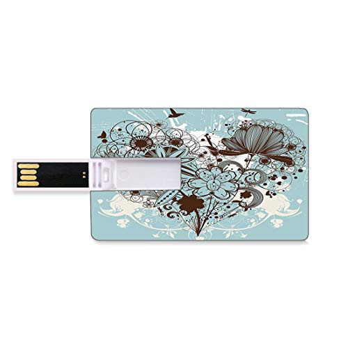 8GB USB Flash Thumb Drives Grunge Bank Credit Card Shape Business Key U Disk Memory Stick Storage Murky Floral Dragonfly Background with Swirls and Petal Retro Graphic,Grey Black White Personalized G