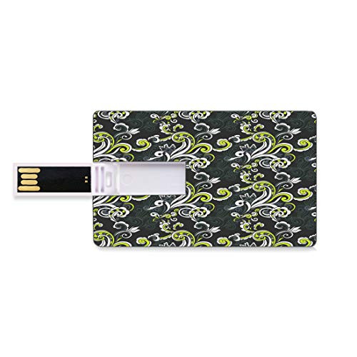 8GB USB Flash Thumb Drives Floral Bank Credit Card Shape Business Key U Disk Memory Stick Storage Vintage Foliage Ornate Motif with Swirling Leaves Doodle Style,Charcoal Grey Yellow Green White Perso
