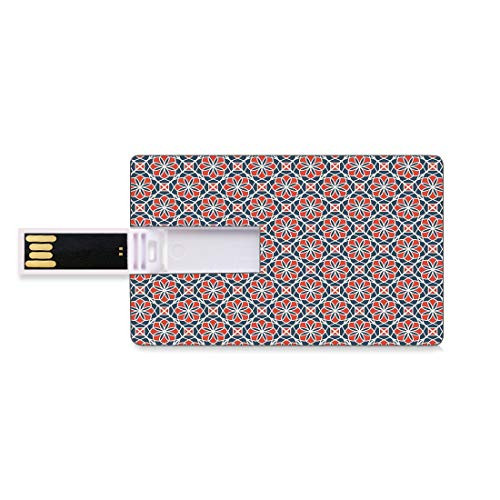 8GB USB Flash Thumb Drives Geometric Bank Credit Card Shape Business Key U Disk Memory Stick Storage Arabic Culture Inspired Abstract Nature Pattern Leaves Petals,Cadet Blue Vermilion White Personali