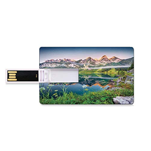 8GB USB Flash Thumb Drives Nature Bank Credit Card Shape Business Key U Disk Memory Stick Storage Misty Summer Morning on Austrian Alps Mountain Range with Lake Wanderlust Landscape,Green Blue Person