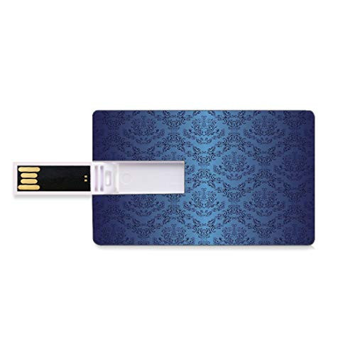 8GB USB Flash Thumb Drives Navy Blue Decor Bank Credit Card Shape Business Key U Disk Memory Stick Storage Antique Baroque Floral Swirling Patterns Victorian Vintage Retro Style Decor,Black Dark Blue