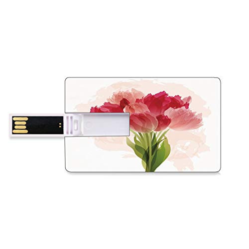 8GB USB Flash Thumb Drives Floral Bank Credit Card Shape Business Key U Disk Memory Stick Storage Watercolor Painting Bouquet of Tulip Flower Artistic Botanical Romantic Print,Pink Coral Green Person
