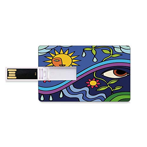 8GB USB Flash Thumb Drives Abstract Decor Bank Credit Card Shape Business Key U Disk Memory Stick Storage Nature Illustration with Sun Sky Flowers and Eye Figures Eco Design,Multi Personalized Gift