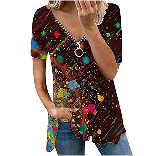 Womens Summer Casual Tops Zipper Hollow Out Tops Sexy Deep V Neck Blouses Tees Ladies Summer Flowy T Shirts Black