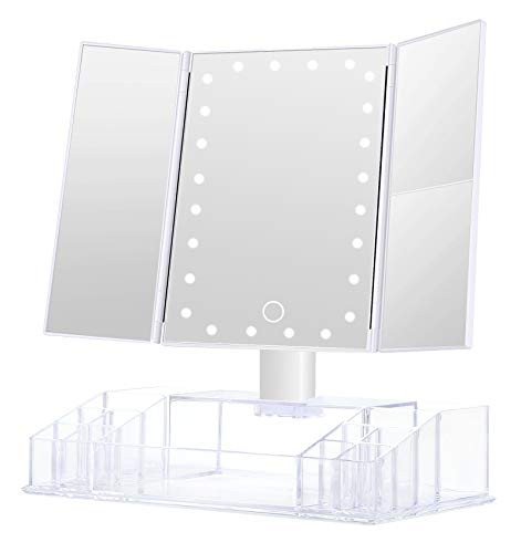 GULAURI Lighted Makeup Mirror - Makeup Mirror with Lights and Magnification, 3x/2x Magnifying, Tri-Fold Cosmetic Vanity Mirror with 24 LED Light and Storage, Touch Screen, 180 Degree Adjustable