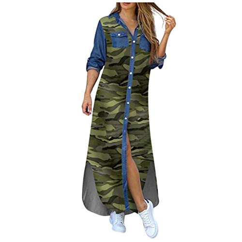 Franterd Casual Maxi Dress for Women,Floral Button Down Roll up Long Sleeve Long Dress Loose Long Maxi Dresses Camouflage