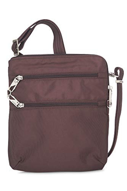 Travelon Anti-Theft Classic Slim Dbl Zip Crossbody Bag -Chocolate/Light Blue Lining-