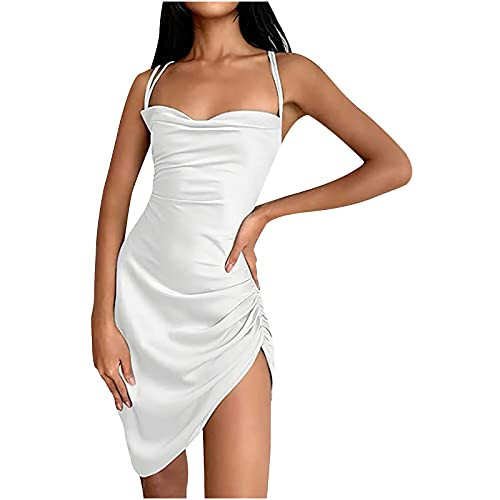 Women's Sleeveless Spaghetti Strap Satin Dress Cocktail Evening Party Cowl Neck Split Bodycon Mini Dresses White