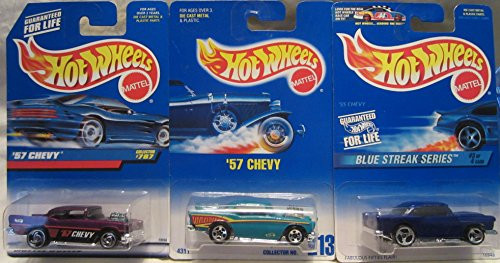 Hot Wheels 57 Chevy Purple 787, Green 213  and  Blue Streak Series '55 Chevy 575 Die Cast 1/64 Scale 3 Car Bundle
